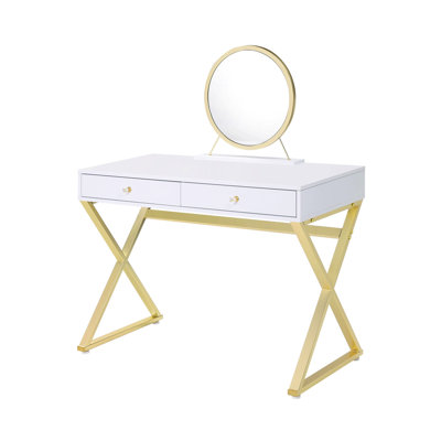 Meuble-lavabo rectangulaire blanc et doré avec poignée en cristal, cadre en métal, plateau à bijoux avec miroir, bureau à 2 tiroirs à extension 2/3 en or, design, miroir amovible, tiroir