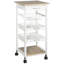 Chariot de cuisine mobile, îlot de cuisine roulant avec rangement, chariot utilitaire à cadre en bois massif avec paniers de fruits grillagés, plateaux et tiroir, blanc, îlot de cuisine