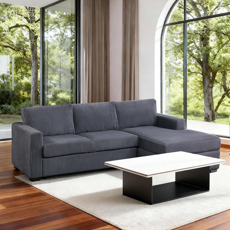 Canapé modulaire moderne 2 pièces avec méridienne et velours côtelé, Gris