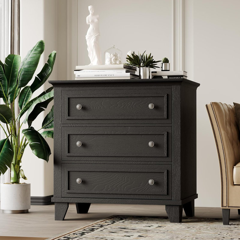 Commode noire à 3 tiroirs pour chambre à coucher, commode large avec poignée rétro, Noir