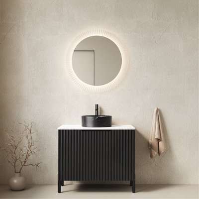 Meuble-lavabo 30 po avec lavabo 30 po avec 2 portes, lavabo rond en céramique noire avec motif en pierre et comptoir en pierre frittée blanche, sans robinet, noir