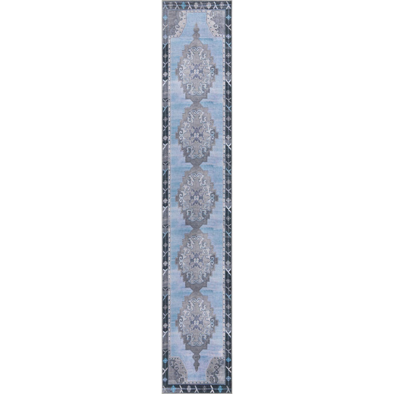 Tapis traditionnel de couleur gris-bleu, Tapis de couloir 2 pi 6 po x 14 pi