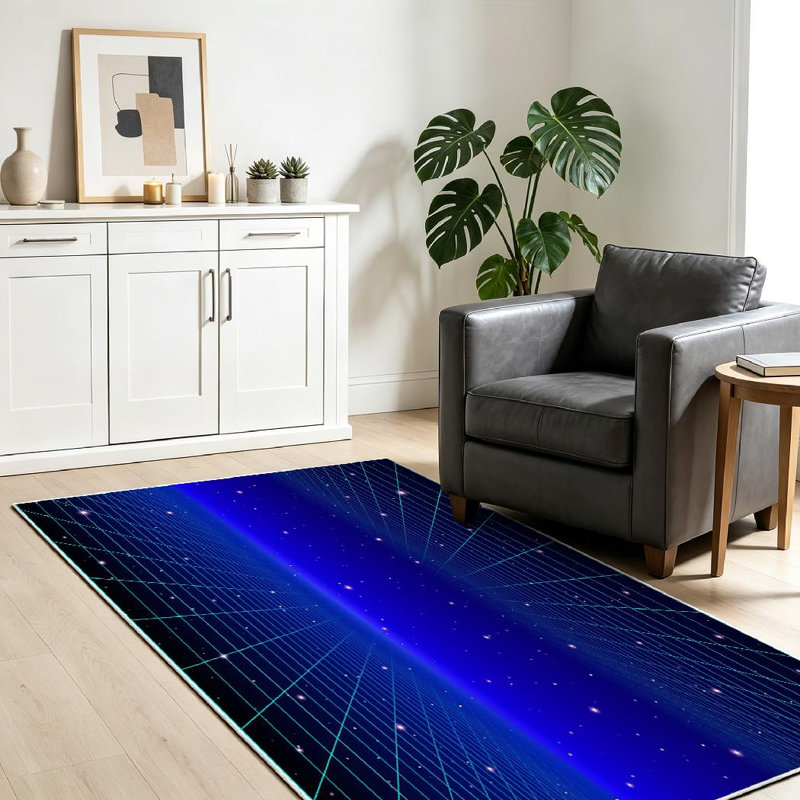 Tapis d'intérieur bleu néon avec grille et étoiles lavable à la machine, Rectangle 39 po x 63 po