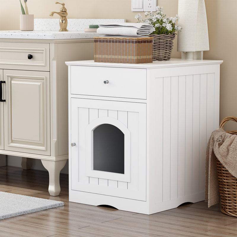 Enceinte en bois pour litière pour chat avec tiroir, Blanc
