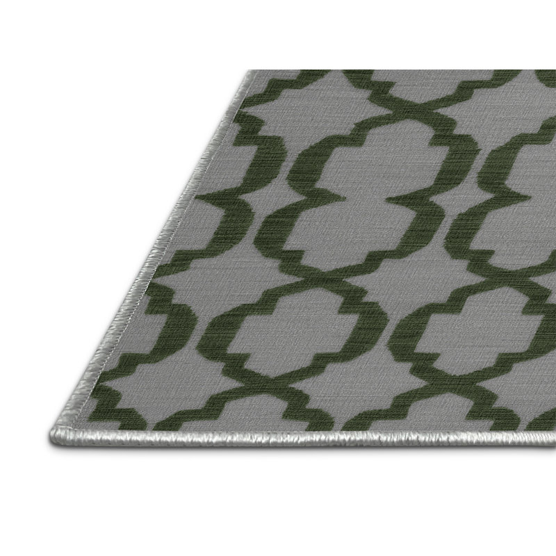 Machine Washable Trellis Green Area Rug, Rectangle 4' x 6'