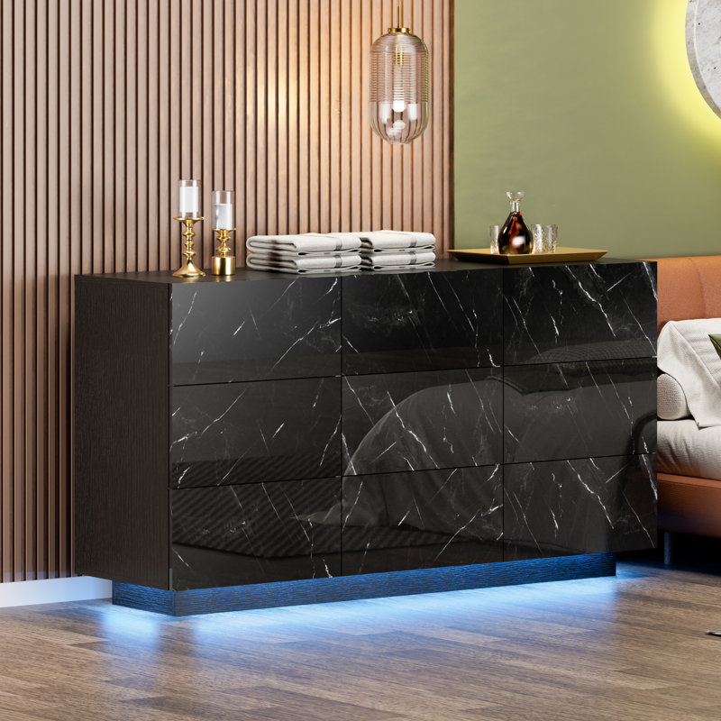 Commode 9 tiroirs lustrée 55,1 po Kimbereley, Noir / marbre
