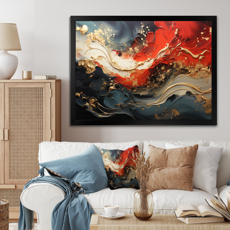 Rouge et or feu de marbre VI - art mural abstrait, Cadre d'angle fermé noir, H 16 po x l 32 po x P 1 po
