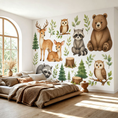 Wall Mural Peel and Stick Wallpaper Watercolor forest animal clipart Cute woodland characters Bear raccoon Self-Adhesive Removable Contact Paper Wall Decor for Living Room Bedroom 69"H x 96"W
