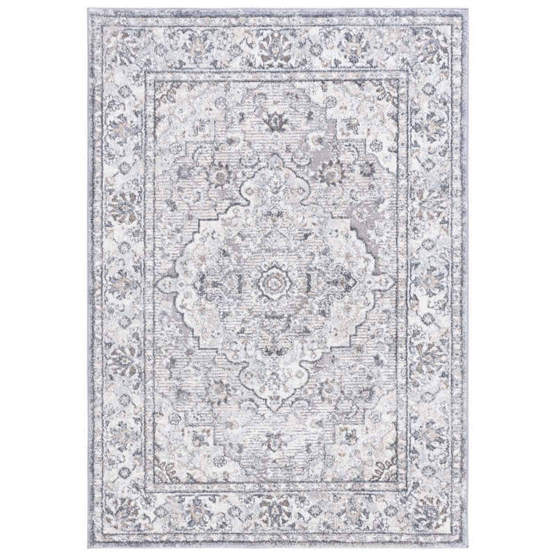 Tapis oriental ivoire / gris en polyester tissé à la machine Hka, Rectangle 9 pi x 12 pi