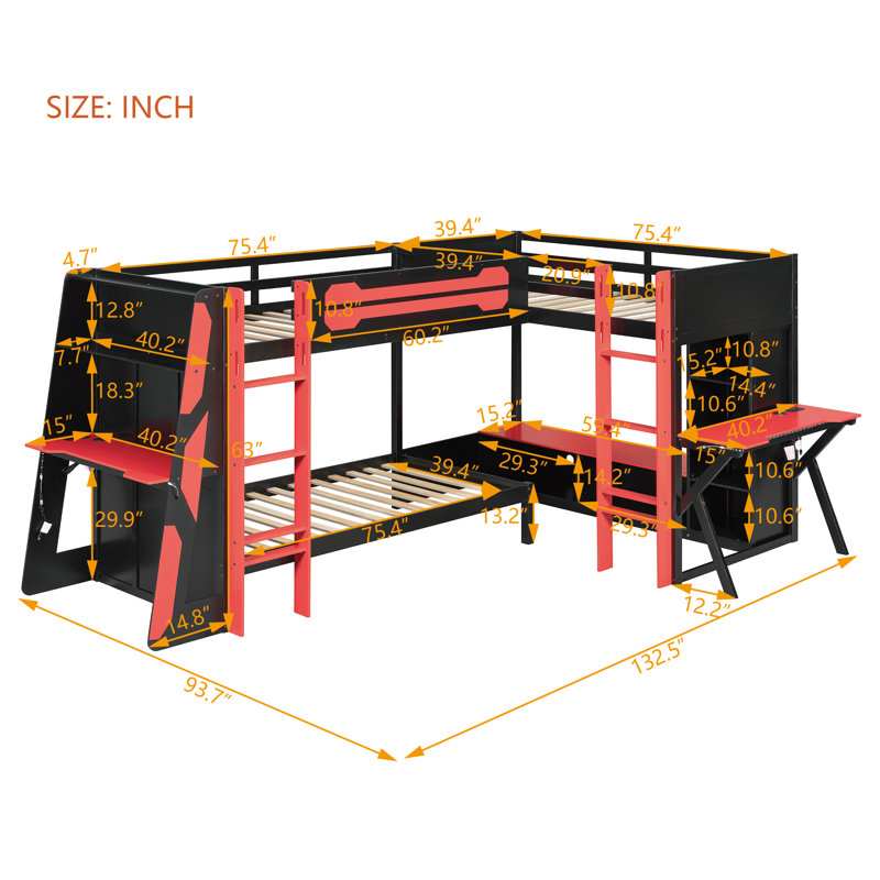 Lits mezzanine jumeaux avec étagères, éclairage DEL, ports de chargement et meuble télé, Rouge