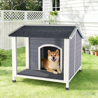 Outdoor Dog House 35.83"L x 39.38"W x 32.5"H Solid Wood 1 Piece Dog Kennel Gray