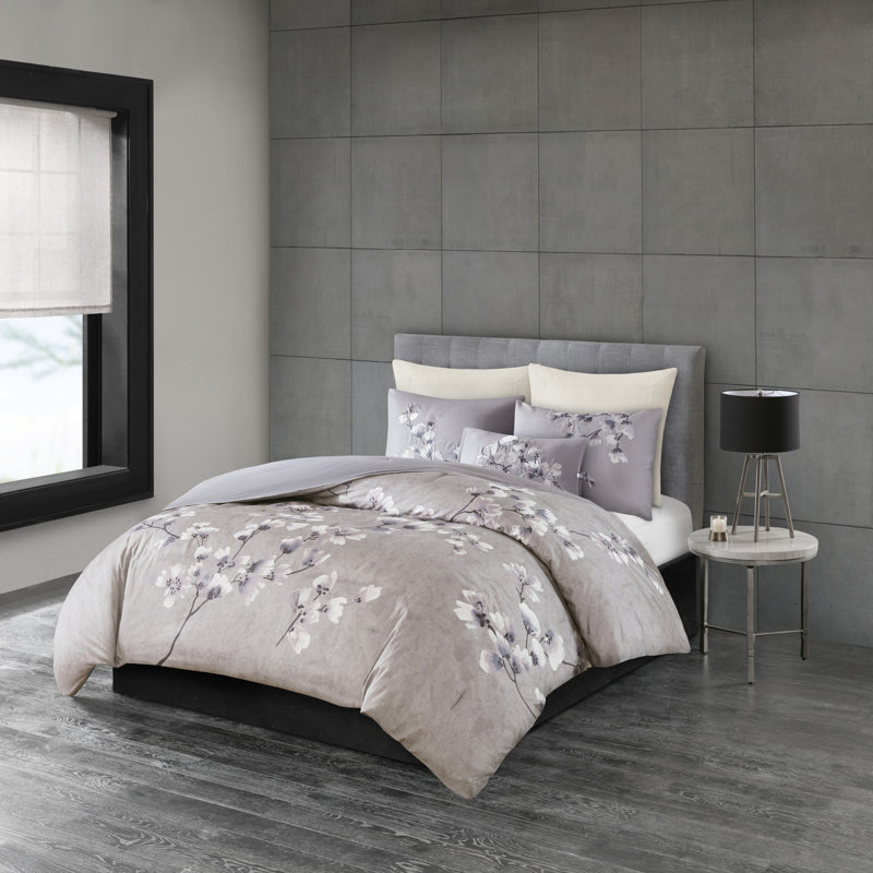 N Natori Sakura Blossom 3 Piece Cotton Sateen Printed Comforter Set, King Comforter + 2 King Shams