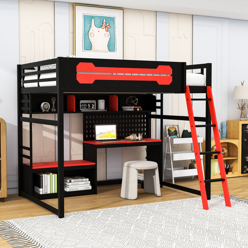 Lit mezzanine double avec bureau, lumières DEL, ports USB et panneau perforé personnalisable, Noir / Rouge