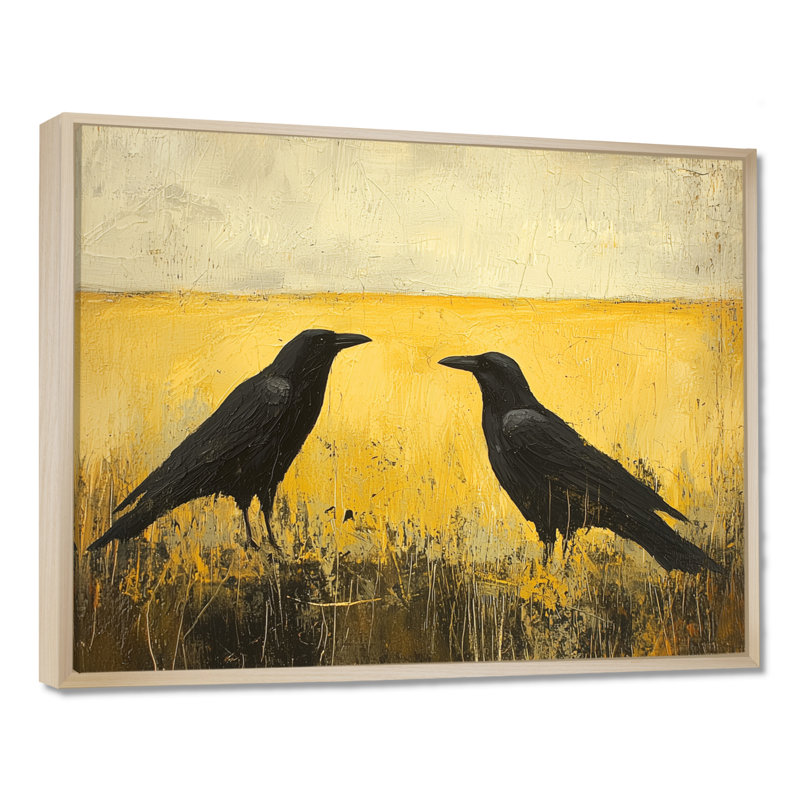 2 corbeaux au bord du champ II - oiseau, art mural, H 24 po x l 32 po, Cadre flottant, Crème, crème
