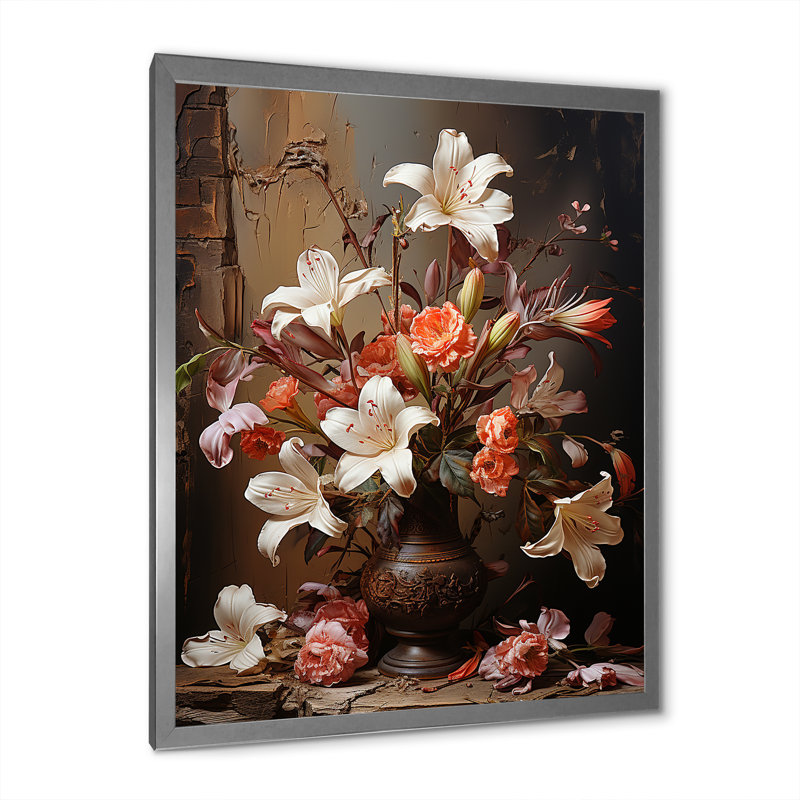 Fleurs brunes rétro nature morte, H 32 po x l 16 po, Silver Picture Framed