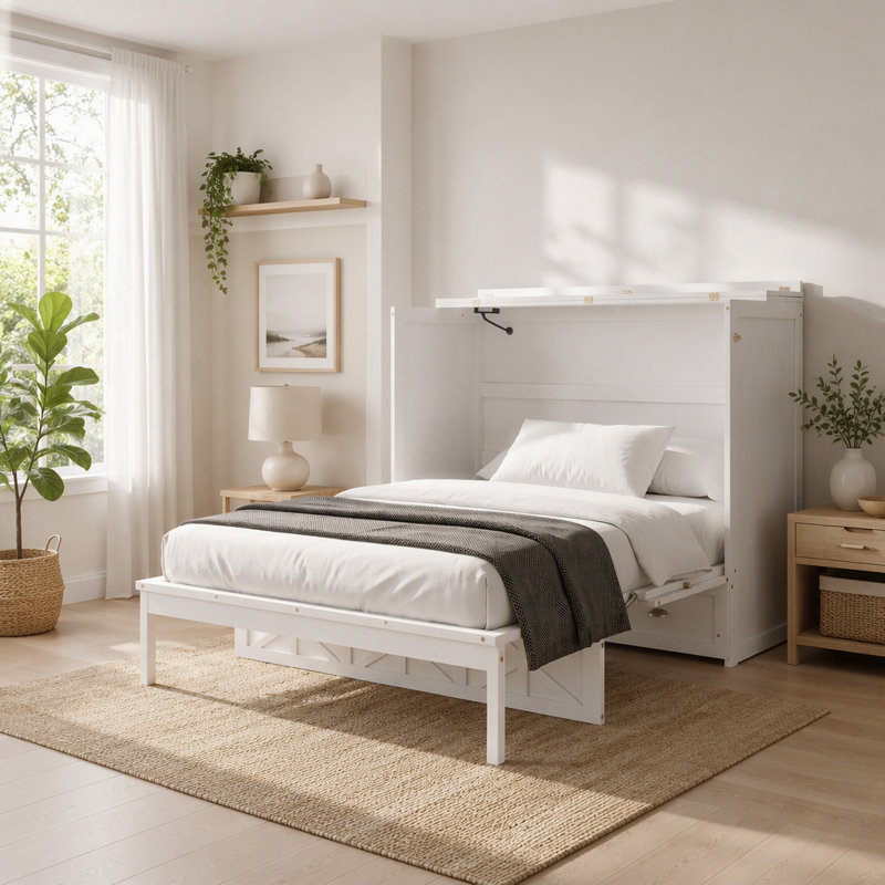 Lit escamotable double avec grands tiroirs, Blanc
