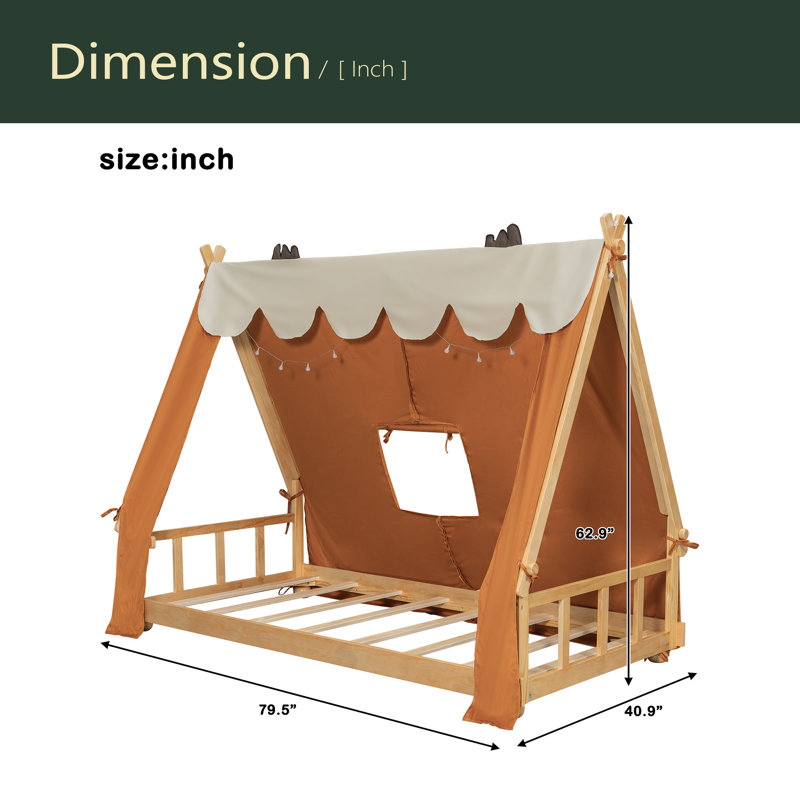 Lit maison avec tente et lumière, Lit simple, Brun