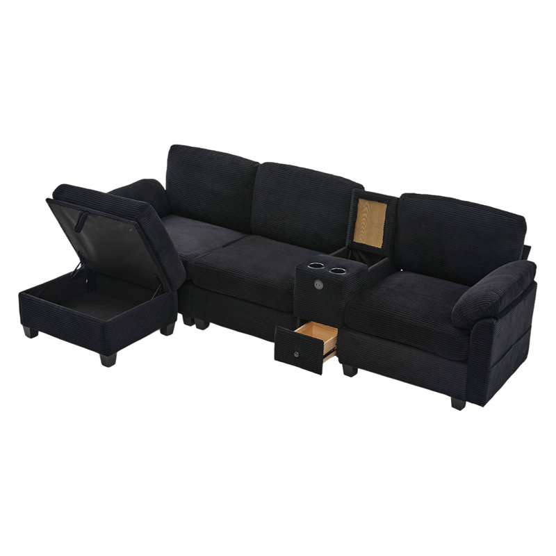 Canapé en velours côtelé multifonctionnel de type L: conception segmentée à 4 places avec porte-gobelet / USB / boîte de rangement, équipé d'une console mobile et d'un espace de rangement de style repose-pieds, optimisé pour