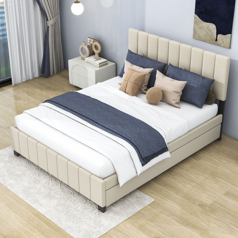 Seemab Upholstered Platform Bed with 2 Drawers, Trundle and Slats, Beige