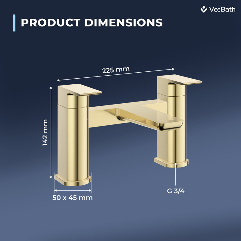 VeeBath Lunar Soft Square Bath Filler Mixer Tap, Brushed Brass