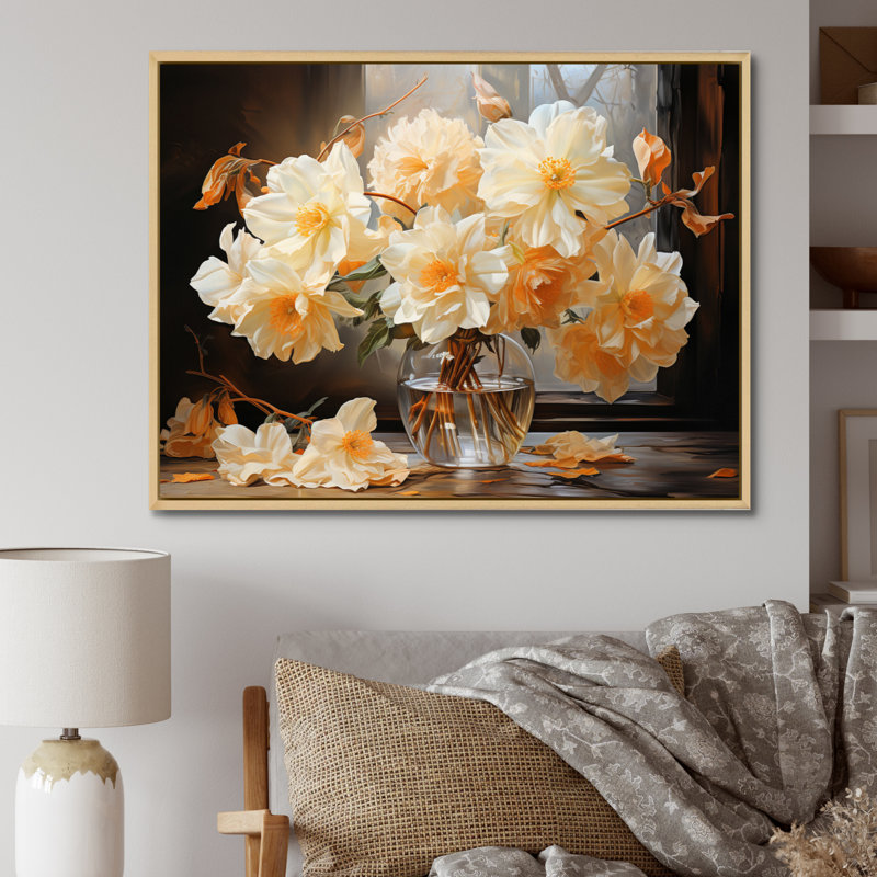 " White Affodils Romantic Impression II ", Natural Floater Framed, 16" H x 32" W x 1" D