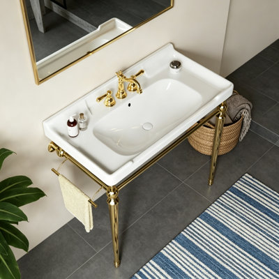 Wall-Mounted Ceramic Console Sink With Stainless Steel Legs And Towel Bar, 3 Faucet Holes, Scratch-Resistant, No Faucet & Cover, Finish