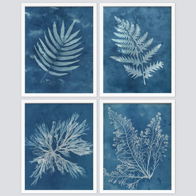 «Pastel Blue Tropical Jungle Monstera Leaves», ensemble de 4 reproductions de cadres photo simples, Blanc, H 14 po x l 11 po