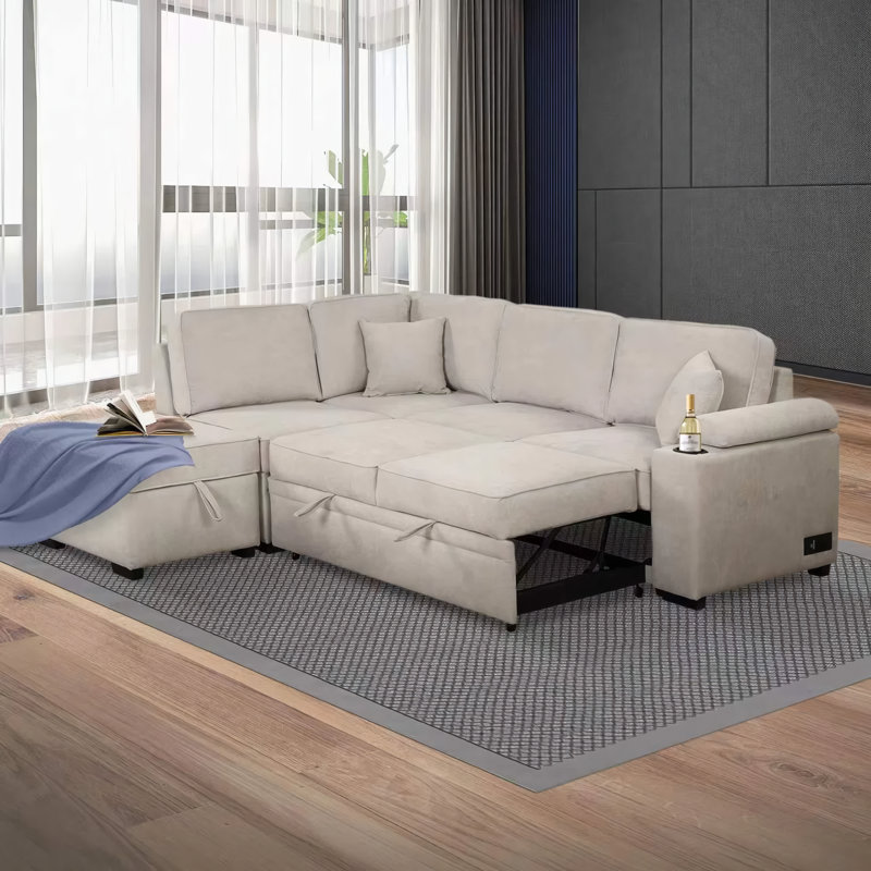 83.65'' Pillow Top Arm Sofa Bed, Beige Linen Blend