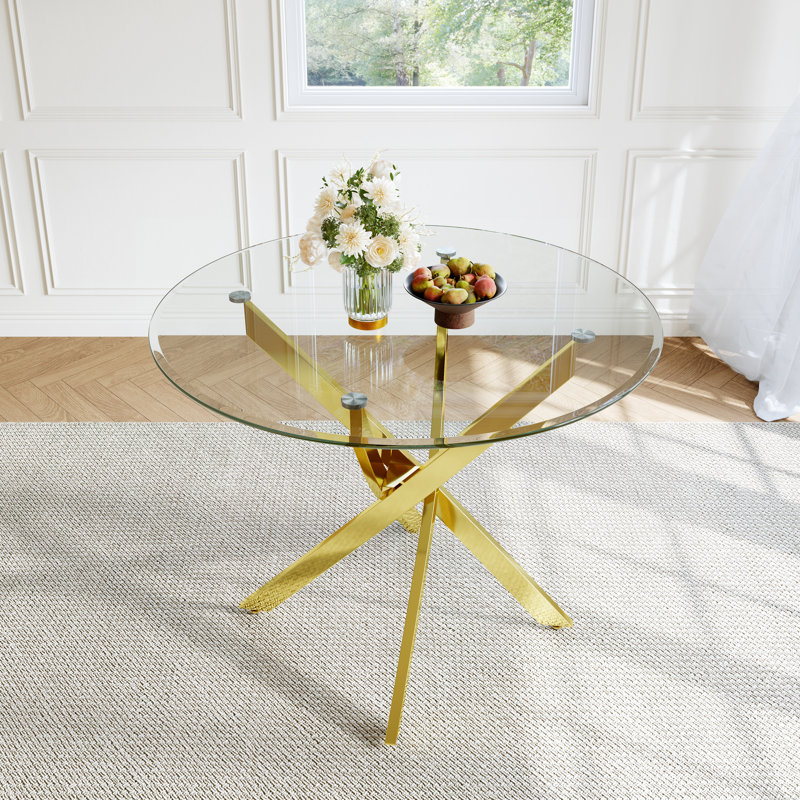 36" Round Tempered Glass Dining Table With Stainless Steel Legs, Gold