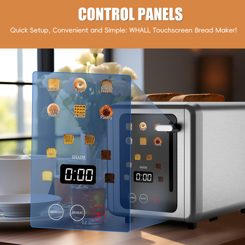 WHALL - 2 Slice Touchscreen Toaster, 6 Shade Settings, 6 Bread Types, Digital Timer, Extra Wide Slot