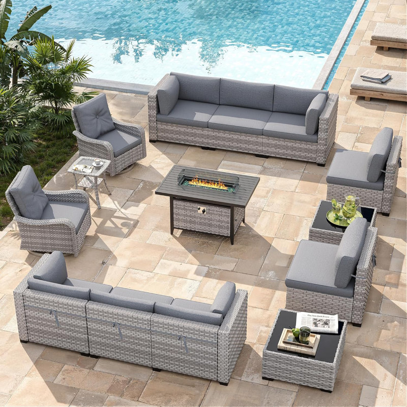 10 - Person Outdoor Wicker Patio Conversation Furniture Set with Fire Pit Table, Gray