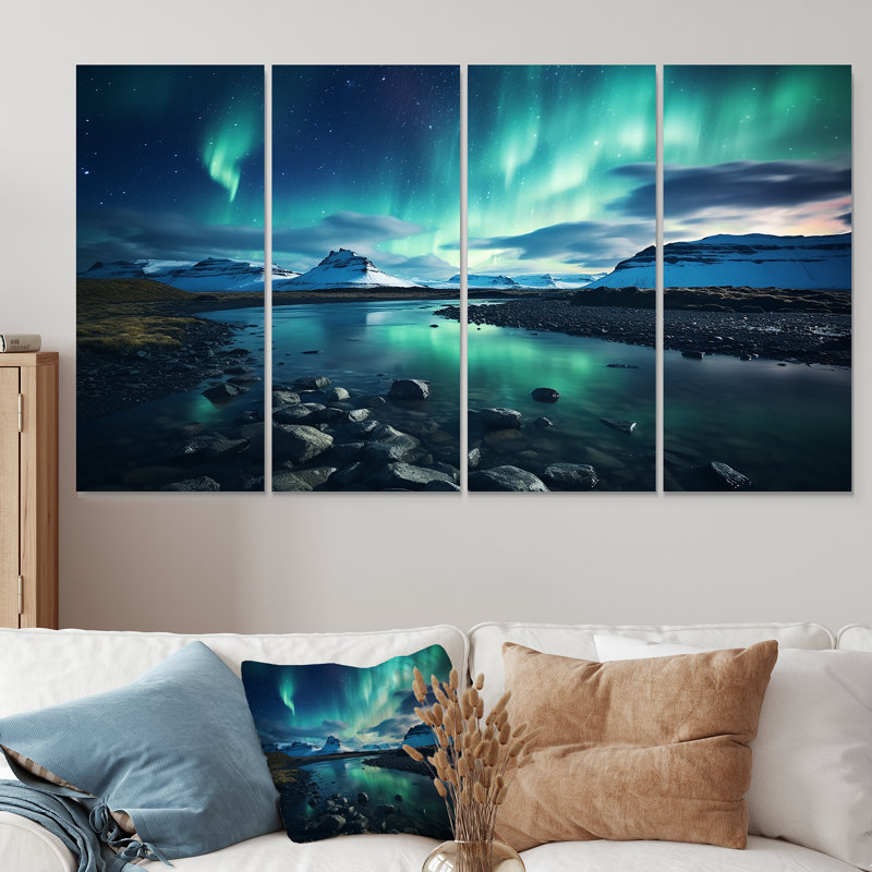 «Islandais Borealis Winter S Aurora I - Aurora Borealis», ensemble de 4 pièces d'art mural, H 32 po x l 64 po