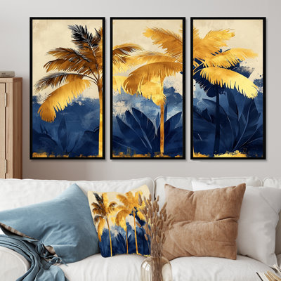 «Blue and Gold Palm Trees Scenery III - Palm Trees», ensemble de reproduction d'art mural