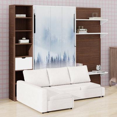 Lit escamotable avec armoire de rangement et façade de canapé doté d'étagères ouvertes et d'un port USB pour les studios et les chambres d'amis