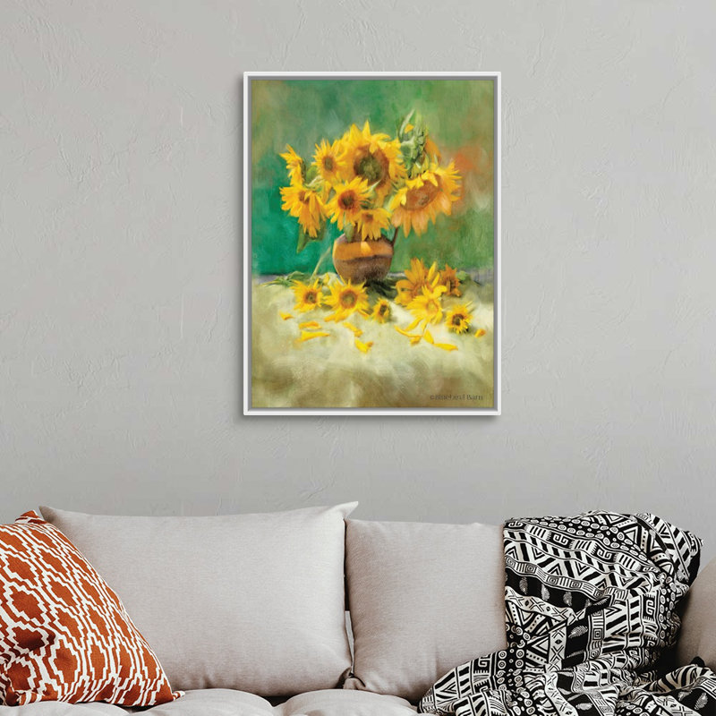 «Sunflower Scatter Still Life», art mural sur toile, Cadre blanc, H 24 po x l 32 po x P 1,75 po