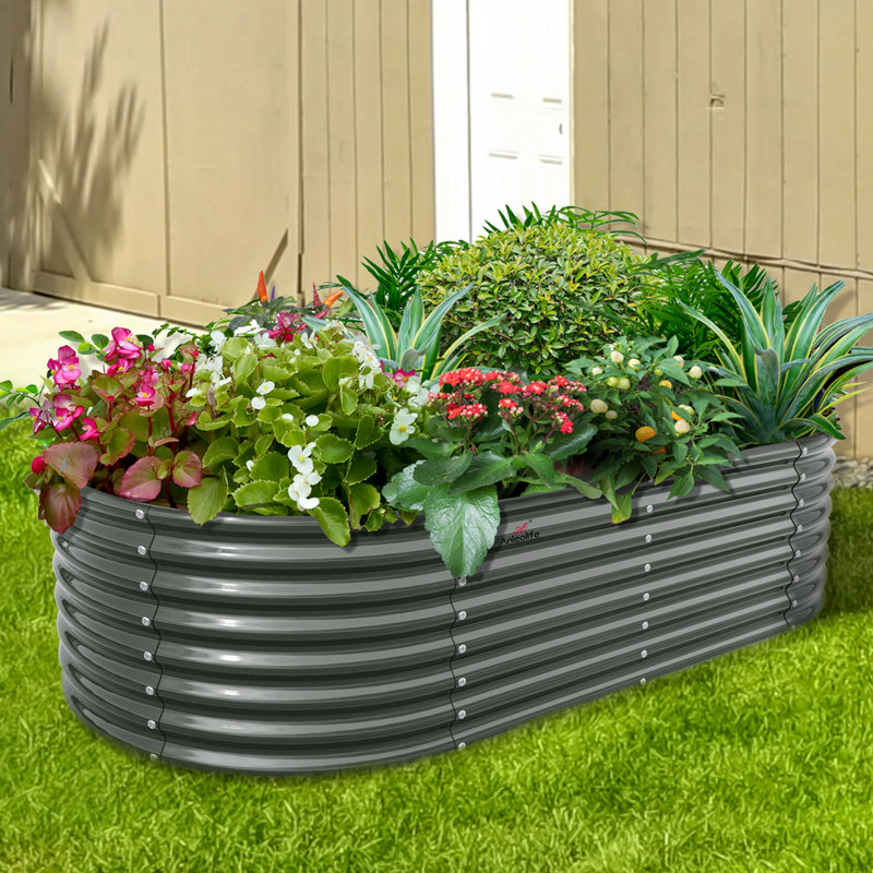 Platebande surélevée ovale durable 6 x 3 x 2 pi pour les légumes, les fleurs et les herbes, Gris