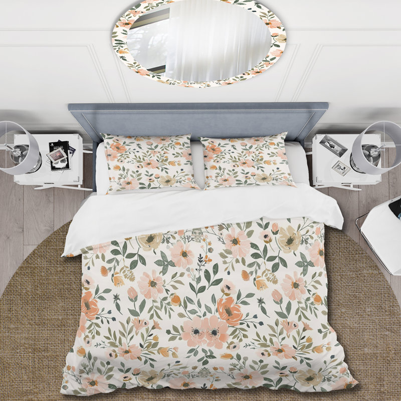 Ensemble de housse de couette Peach Green Soft Vintage Flower Paradise III - Floral