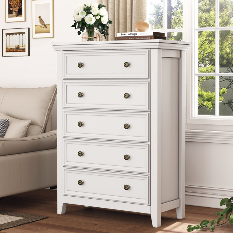 Farmhouse 5-Drawer Storage Dresser Organizer for Bedroom, Office & Dining Room, Vintage Style, White