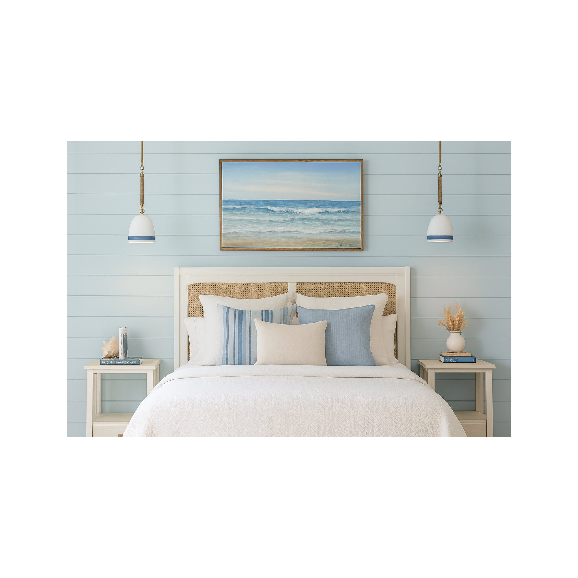 Karissa Single Light Ceramic Dimmable Pendant, White/Navy Stripe, Heirloom Brass