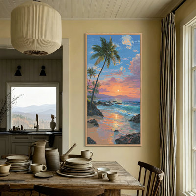  Impression sur toile tropicale encadrée verticale très grande, impression de scène de plage de palmier, photos de plage côtière, déclaration artistique sur toile de coucher de soleil serein pour le bureau de la chambre à coucher de salon 24 x 48 po