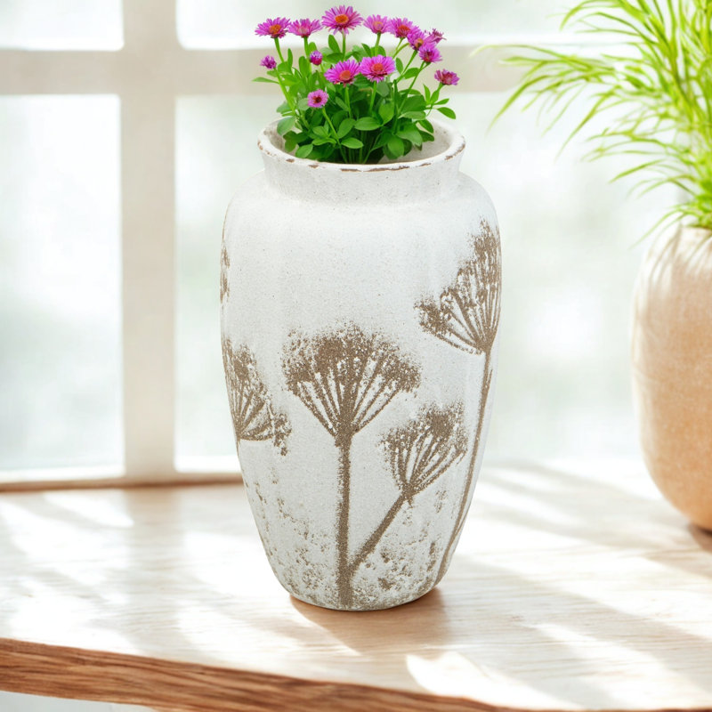 8X8x13.5" White Ceramic Cylinder Vase With Brown Botanical Design
