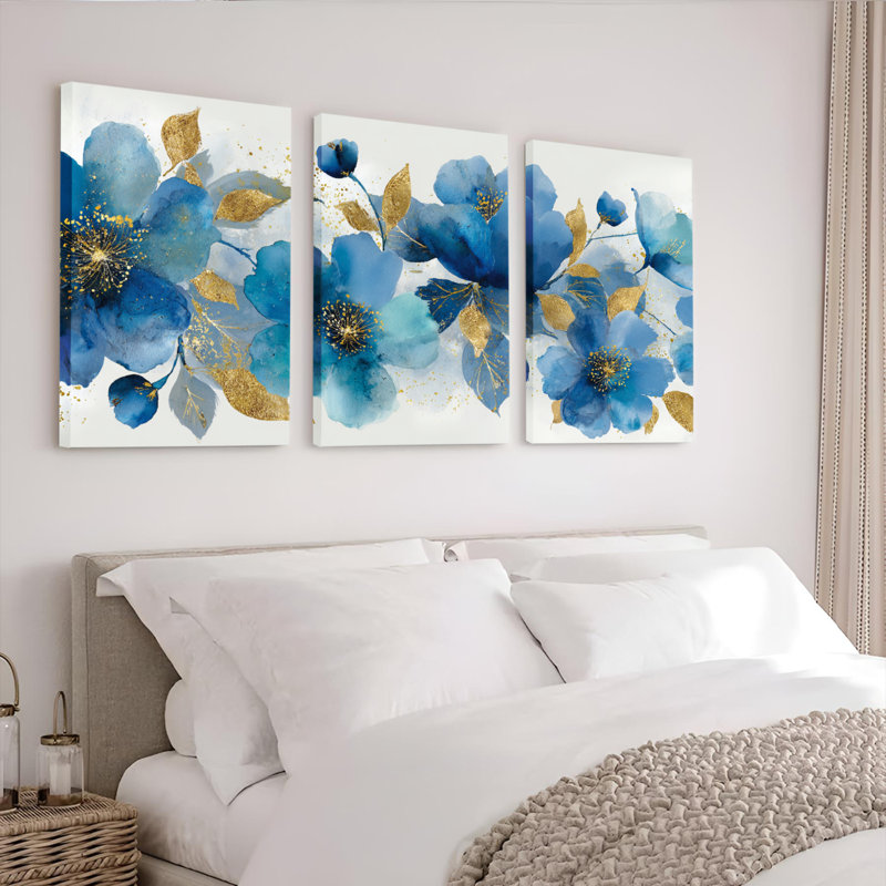 Ensemble de 3 tableaux sur toile tendue, style aquarelle, à motifs floraux bleus et dorés, H 18 po x l 36 po