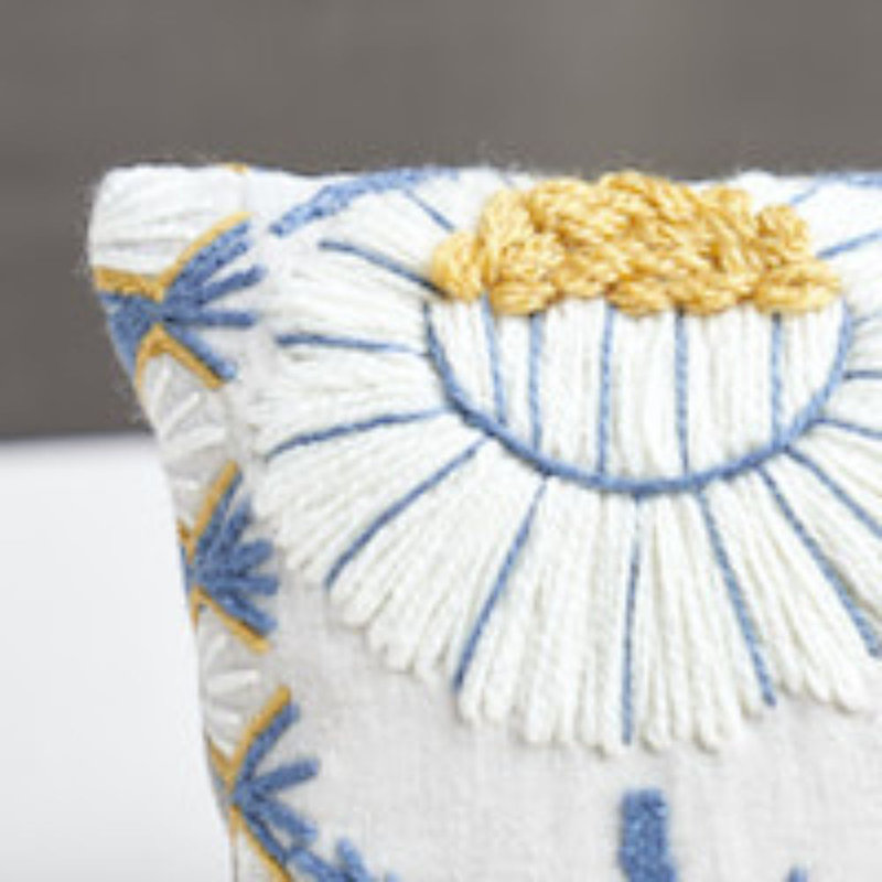 Marguerite Embroidery Pillow B, Blue/Ochre