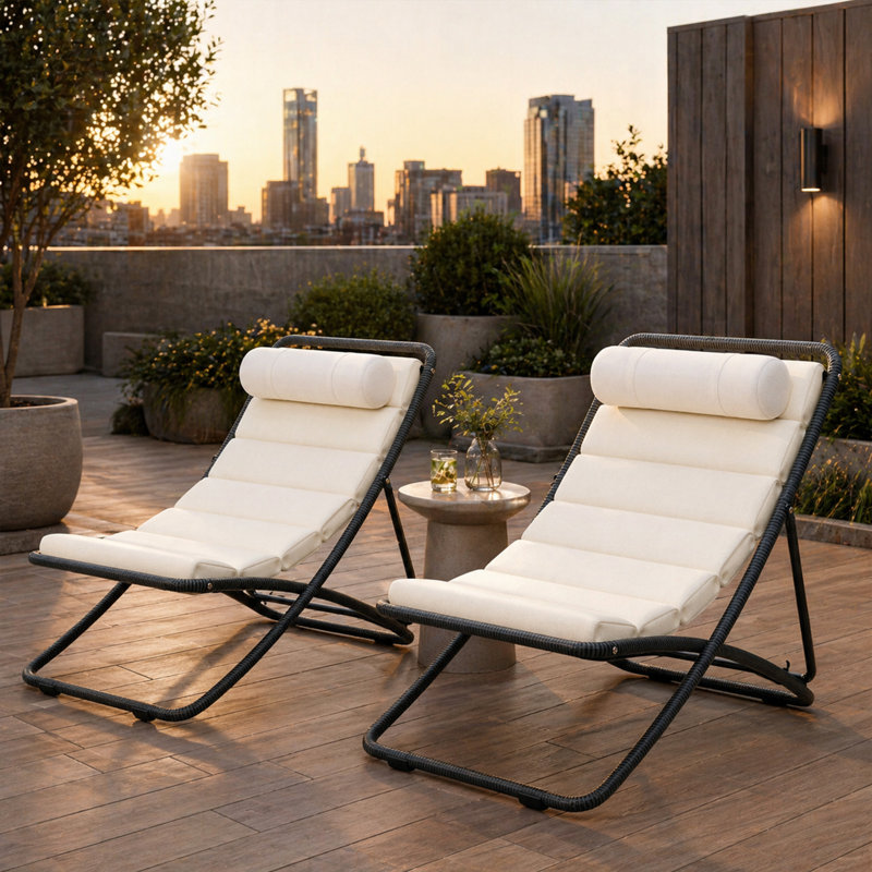 Chaise longue pliante en corde tissée noire 2 pièces avec dossier réglable et coussins d'appui-tête détachables Coastal