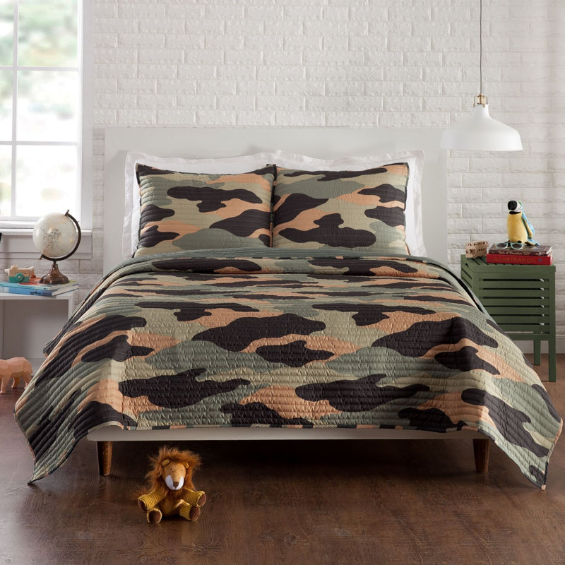 Ensemble de courtepointe réversible en microfibre Covert Camo Green, Courtepointe simple et 1 taie décorative