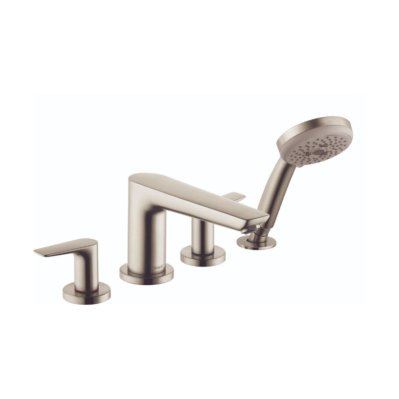 Talis E Double Handle Deck Mounted Roman Tub Faucet Trim with Diverter and Handshower, Brushed Nickel