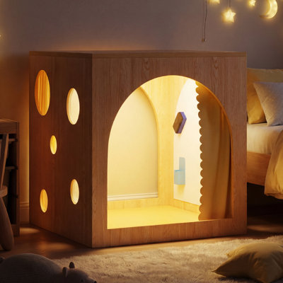 30" Reading Cube Hideaway with Magnetic Board & LED Light, Reading Nook Cube with PU Cushion, Arched Entrances with Curtains