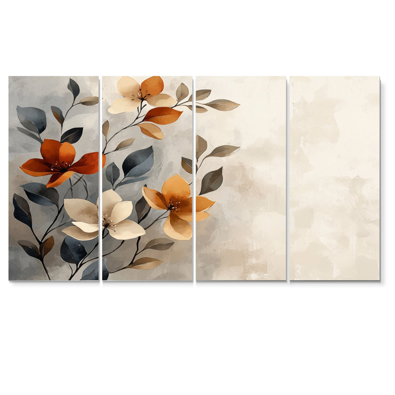 Fleurs de cerisier botanique orange gris II - ensemble de reproductions d'art mural cerisier en fleurs, H 32 po x l 64 po