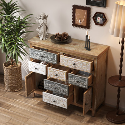 Commode rustique rétro avec 7 tiroirs et 2 armoires, idéale pour la chambre à coucher, le vestibule, le salon, la décoration, L 38,67 po x l 13,64 po, H 36,22 po