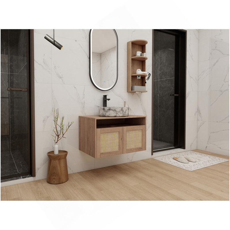 Meuble-lavabo de salle de bain avec lavabo d'art en céramique et support de rangement, 2 portes à fermeture douce, conception à fixation flottante, contreplaqué